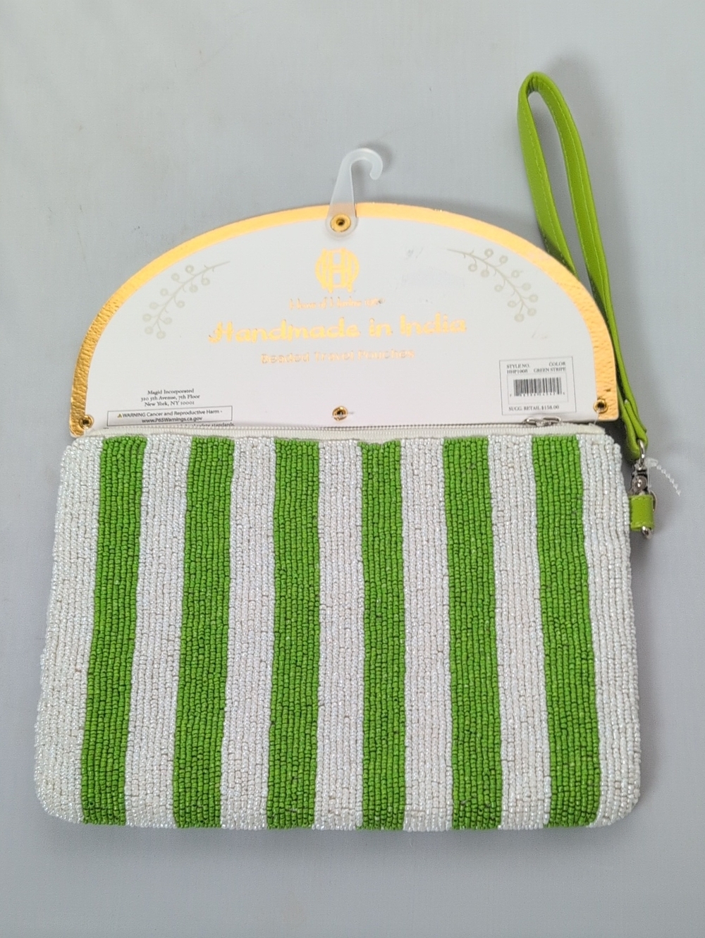 House of Harlow 1960 Hand Beaded Green & White Striped Wristlet Pouch - Picture 6 of 10